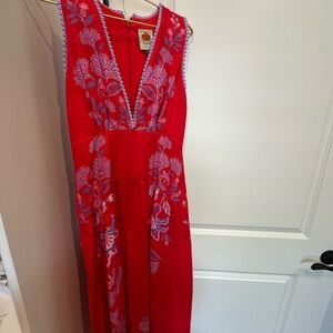 FARM Rio Red Maxi Dress with Lavender Floral Embroidery